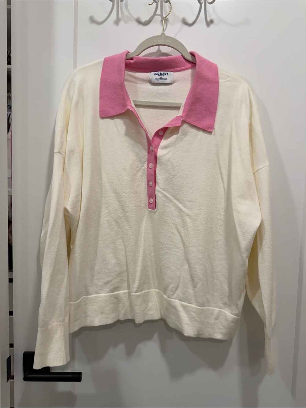 Old Navy Cream Pullover Polo Sweater with Pink Collar and Placket